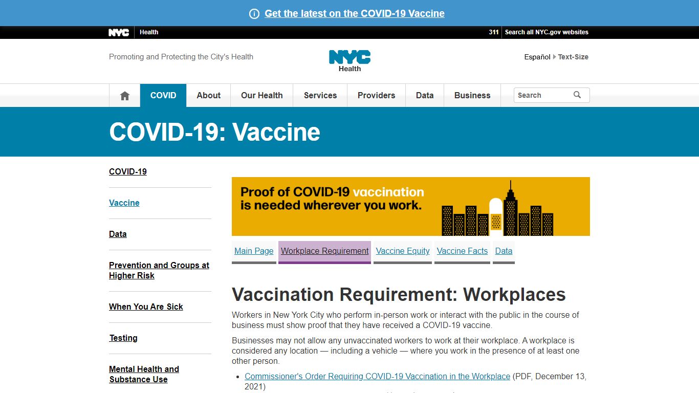 COVID-19: Vaccination Workplace Requirement - NYC Health - New York City